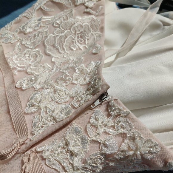 NWOT: Blush / Cashmere Pearl Beaded Lace & Tulle Ballgown with Ribbon Belt - Picture 4 of 12